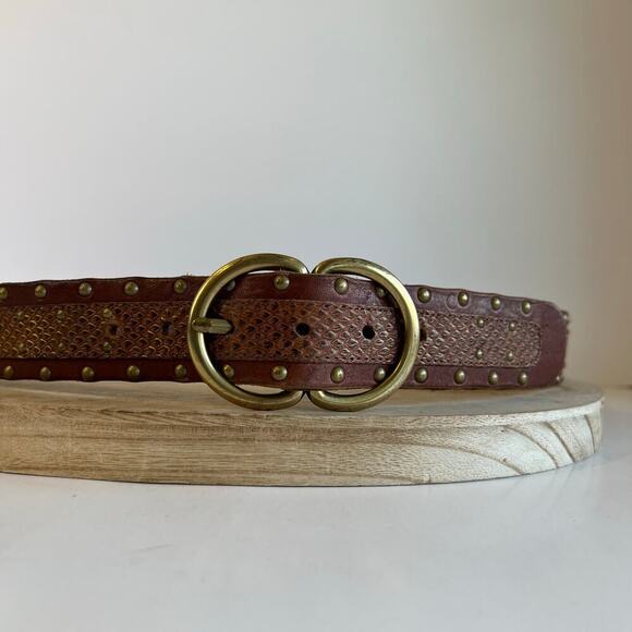 Fossil Brown Golden Brass Stud Embellished Double Buckle Belt Size Large - Picture 1 of 11
